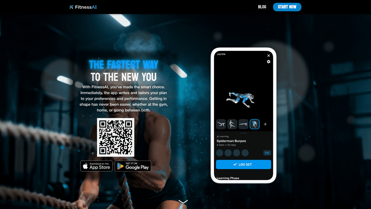 FitnessAI website showing consumer-focused workout generation interface