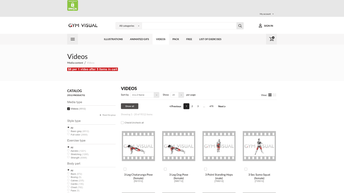 GymVisual videos category page showing per-video pricing after cart thresholds