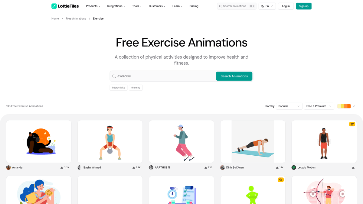 LottieFiles free exercise animations marketplace grid