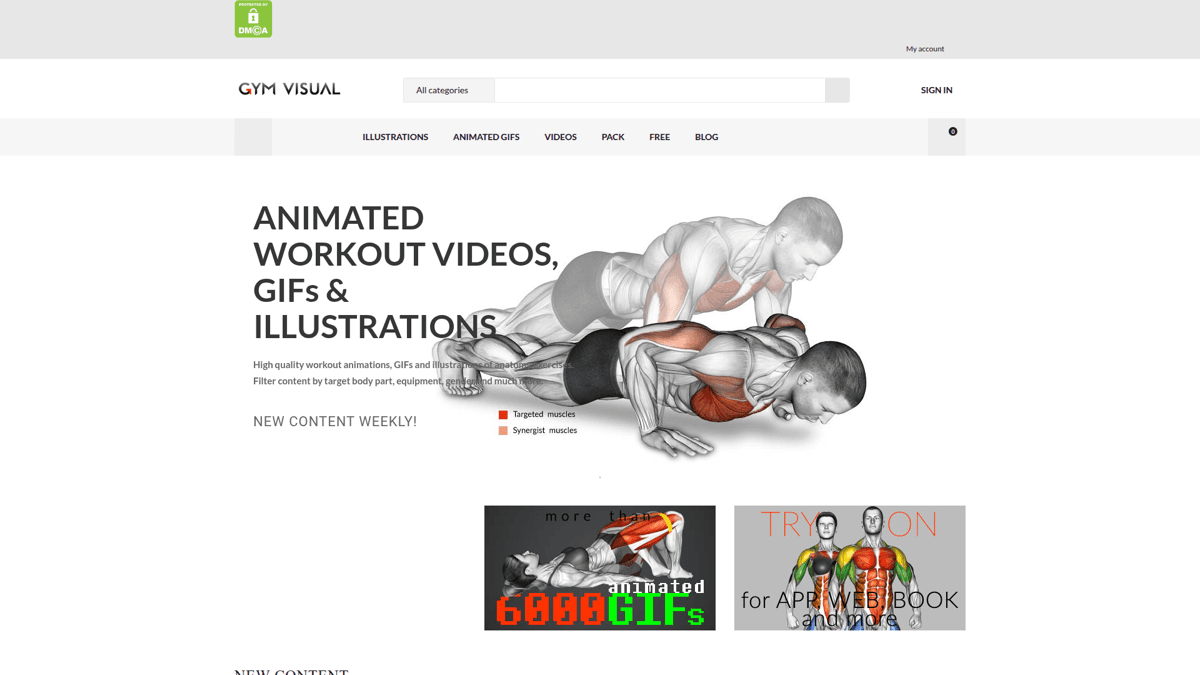 GymVisual exercise illustration library showing per-asset pricing model