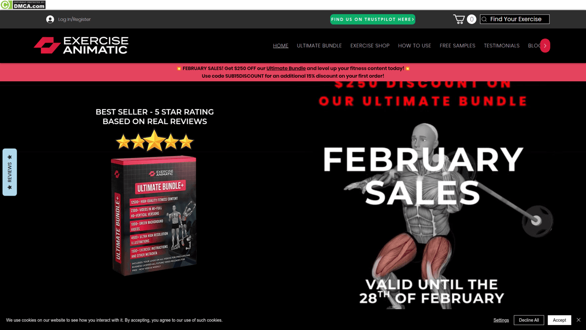 ExerciseAnimatic free samples page with 3D animation previews