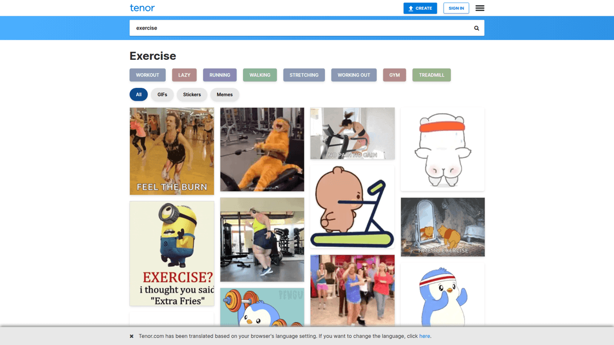 Tenor exercise GIF search results showing mixed quality content