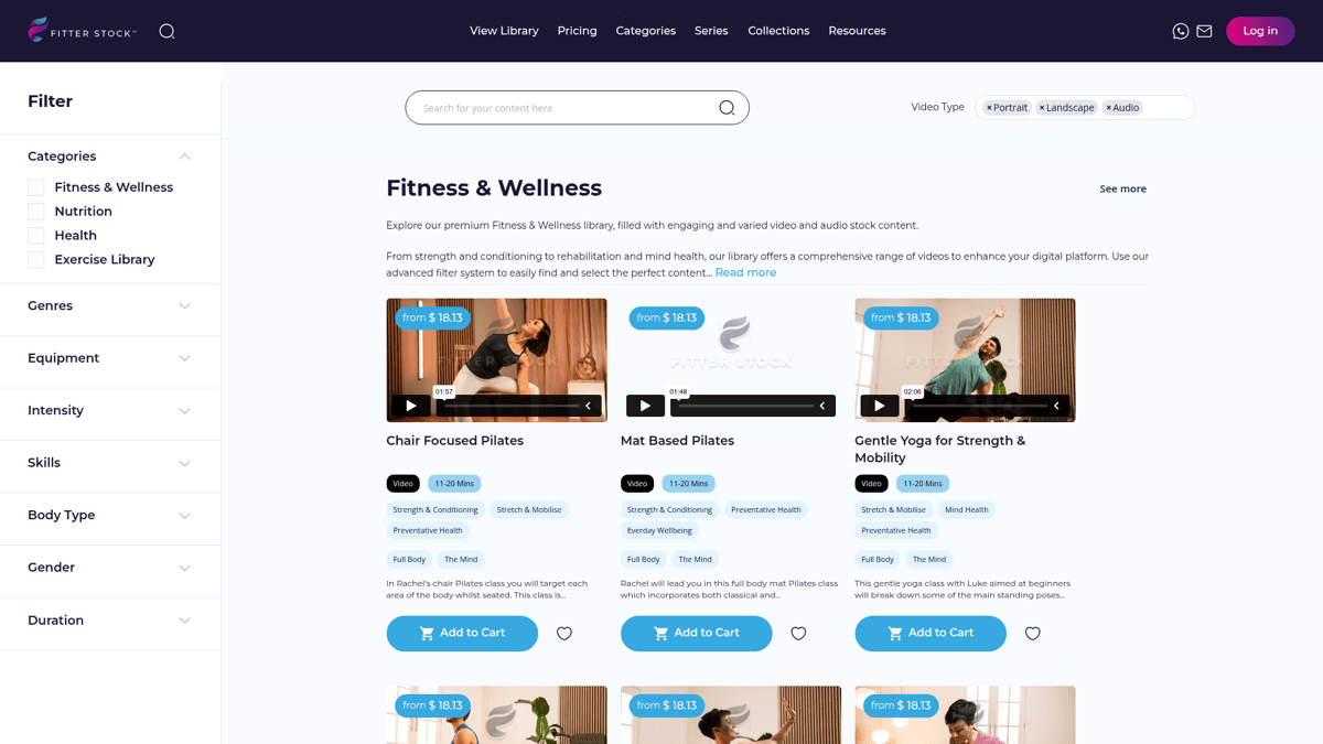 Fitterstock library page showing broad licensed fitness and wellness stock media