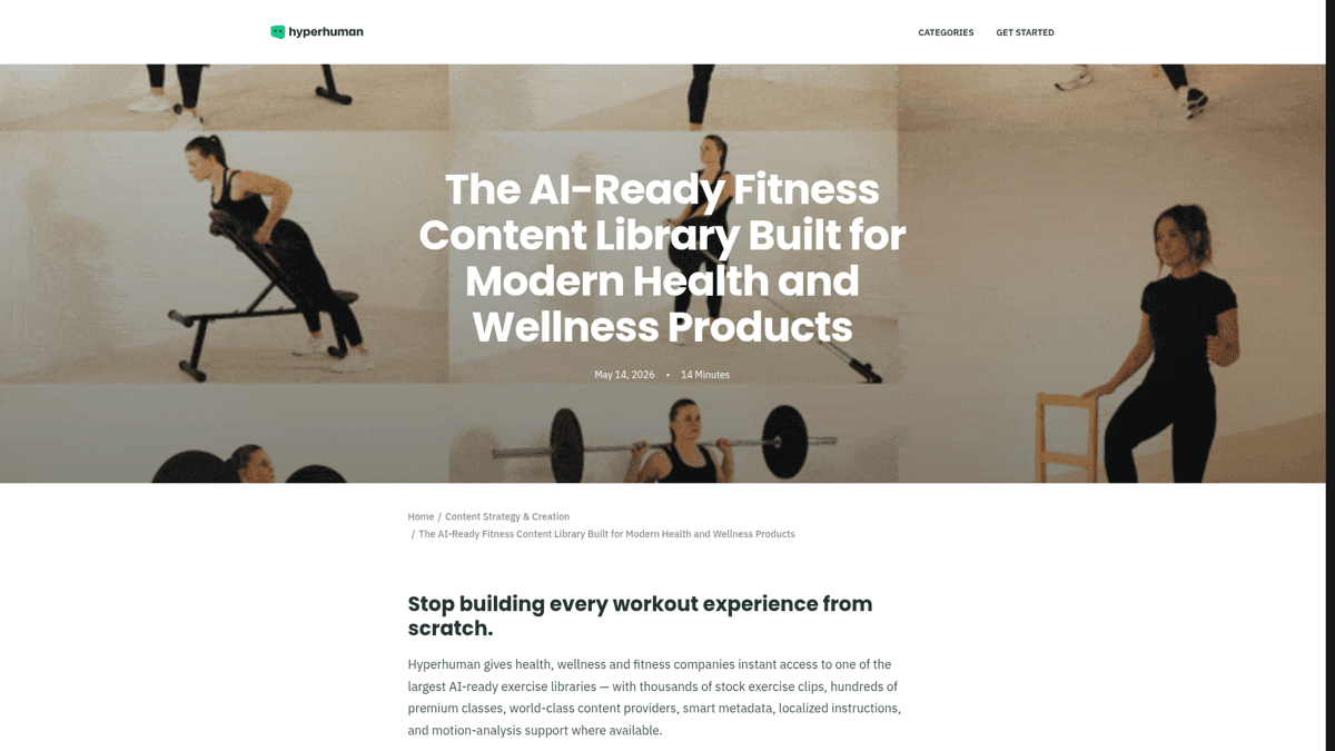 Hyperhuman blog page showing AI-ready fitness content library with metadata and API delivery