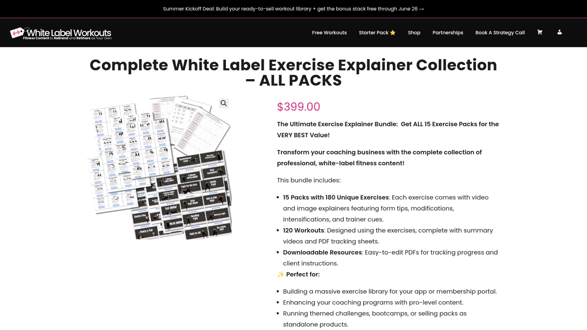 White Label Workouts product page showing editable exercise explainer packs for coaches
