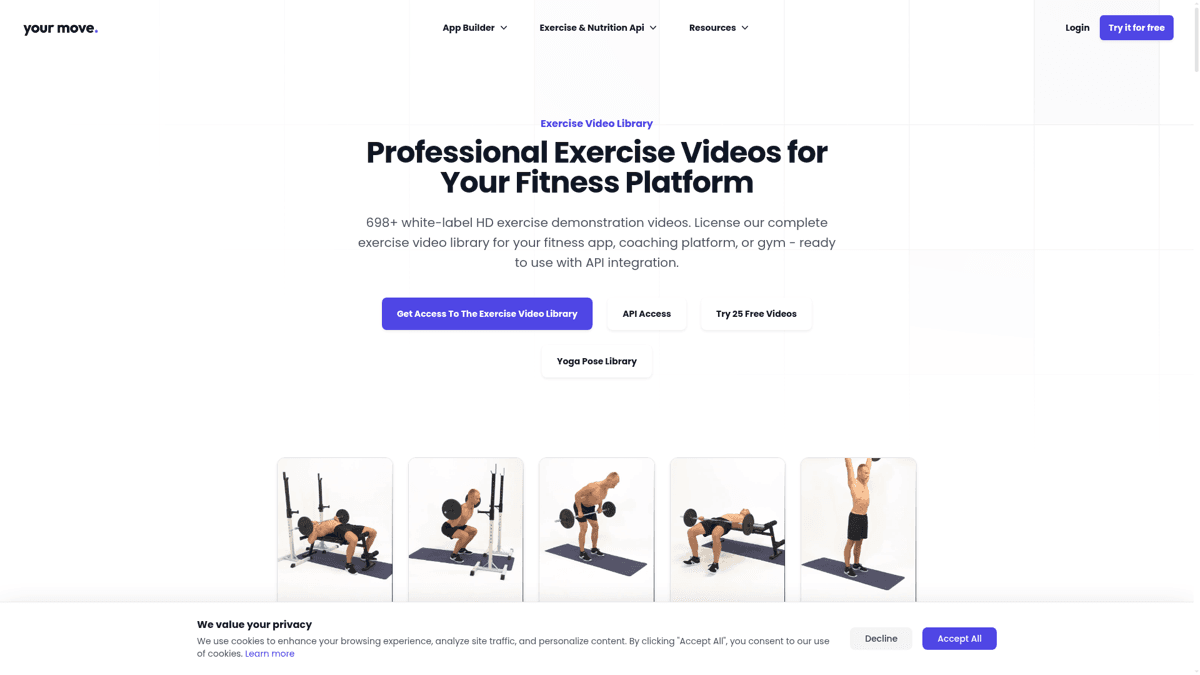 YMove exercise video library page showing white-label HD videos and API access positioning