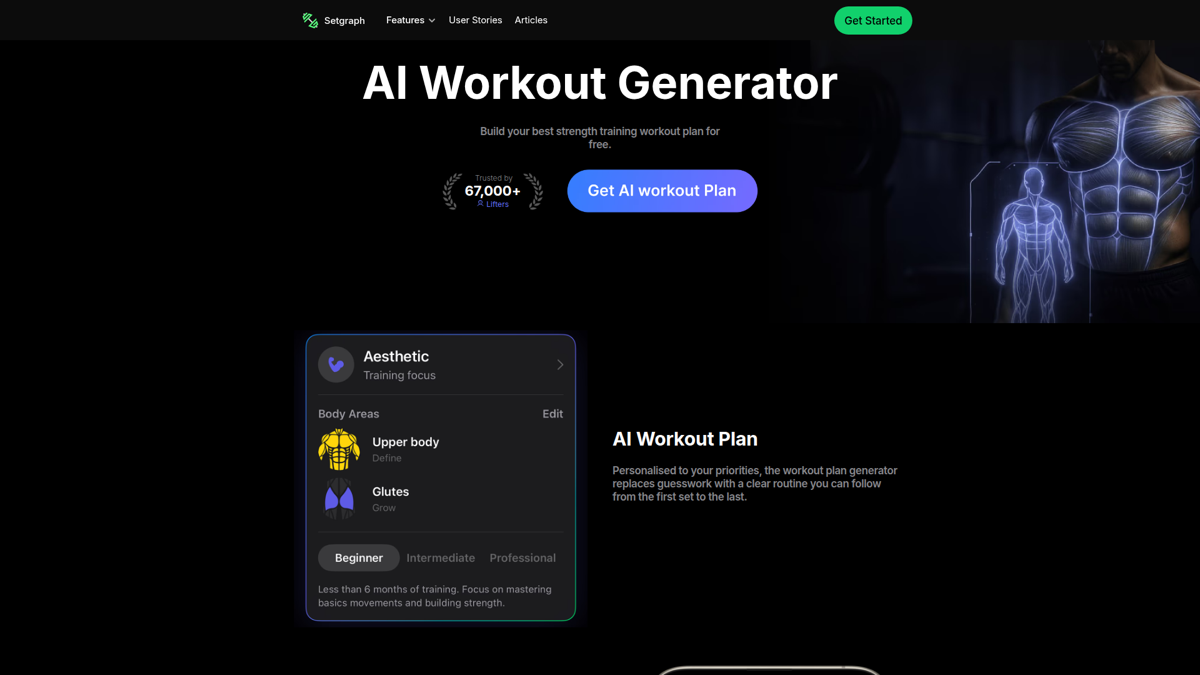 Setgraph AI workout plan feature showing equipment customization