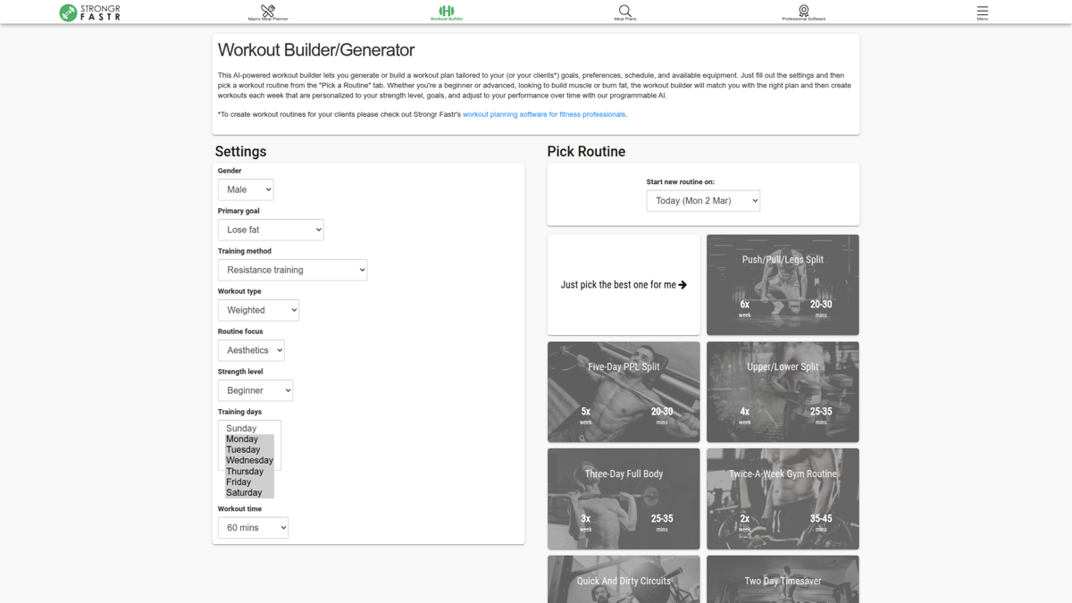Strongr Fastr workout and meal planning generator interface
