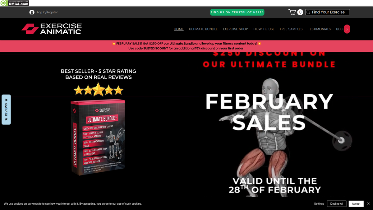 ExerciseAnimatic free samples page with 3D animation previews