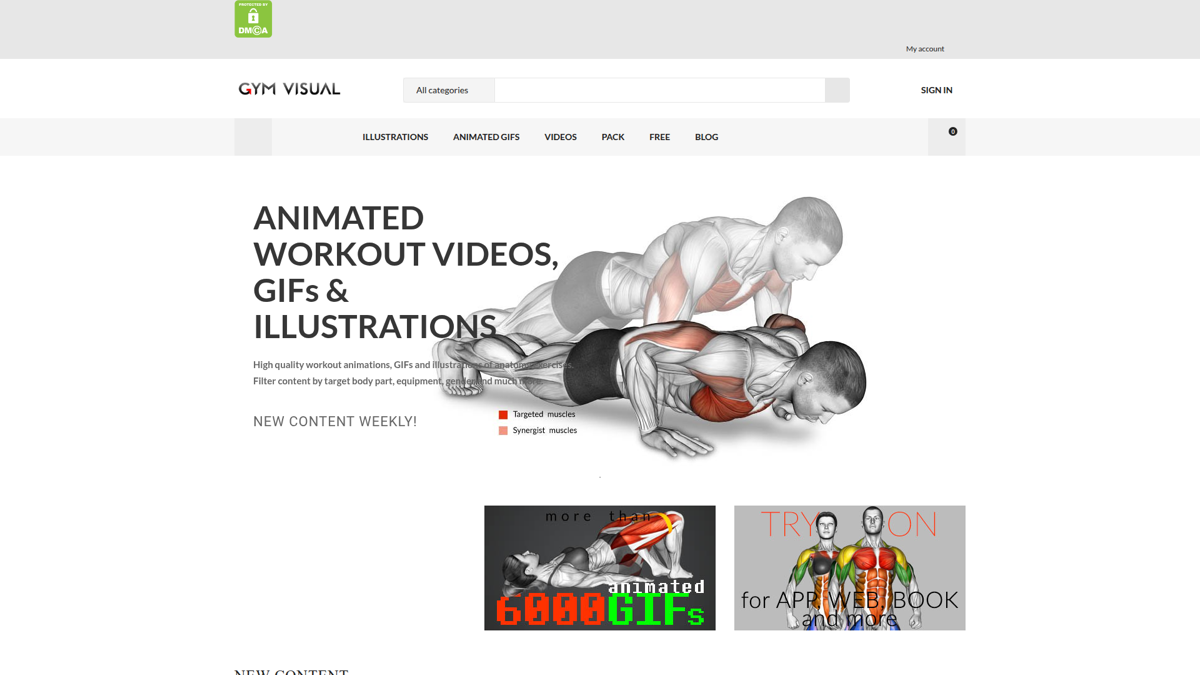 GymVisual homepage showing 2D exercise illustrations and category navigation