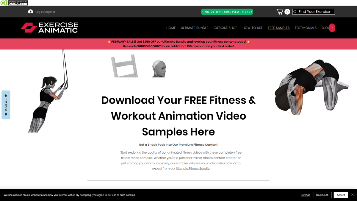 ExerciseAnimatic website showing 3D animation samples and bundle pricing