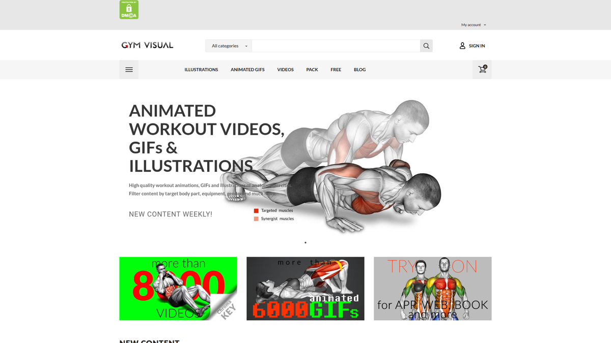 GymVisual website showing 2D exercise illustration products