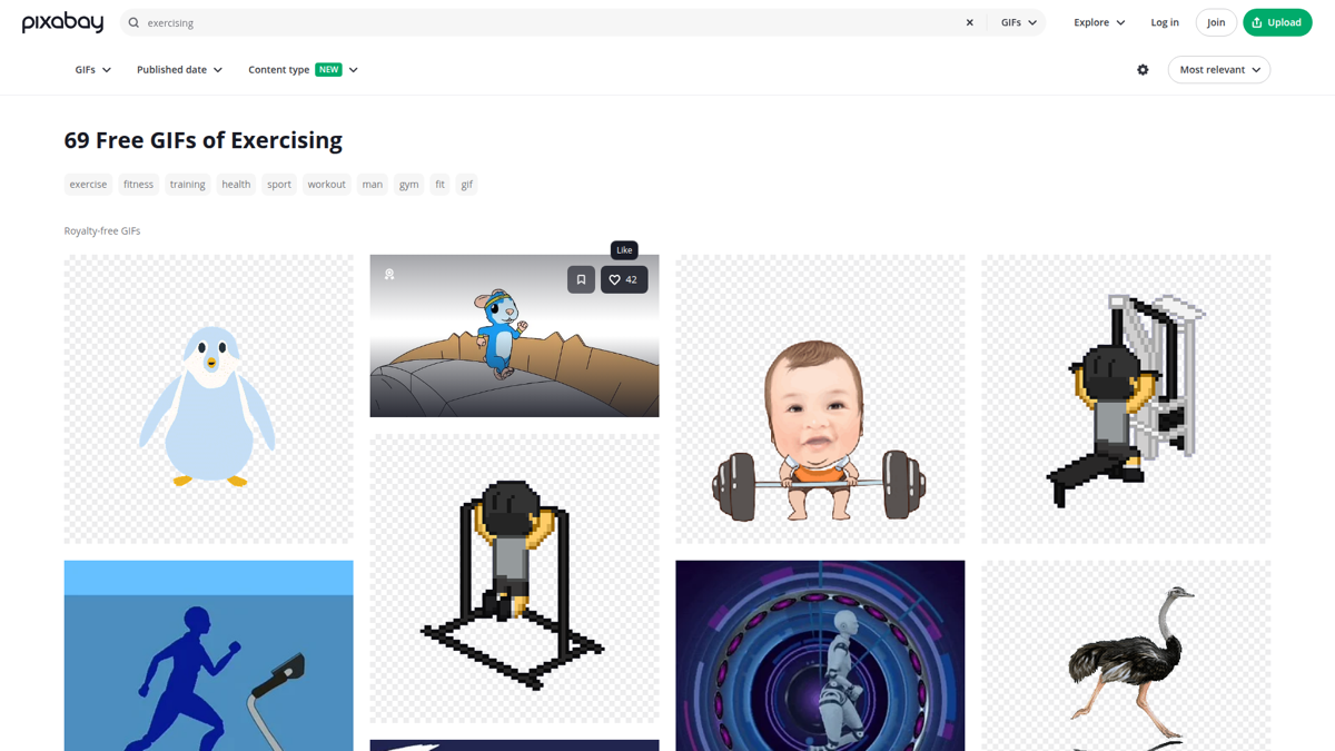Pixabay exercise GIF collection showing limited selection